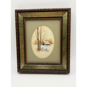 Karen Henninger Signed Winter Cabin Painting 1979 Vintage Framed Landscape Art